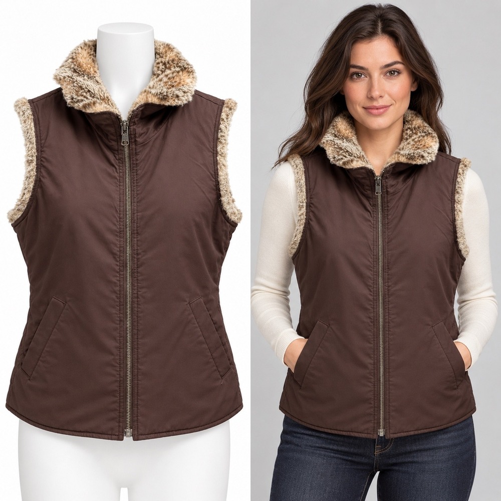 Gap Faux Fur Lined Vest Women Large Brown Y2K Vintage Zip Up Sleeveless Jacket